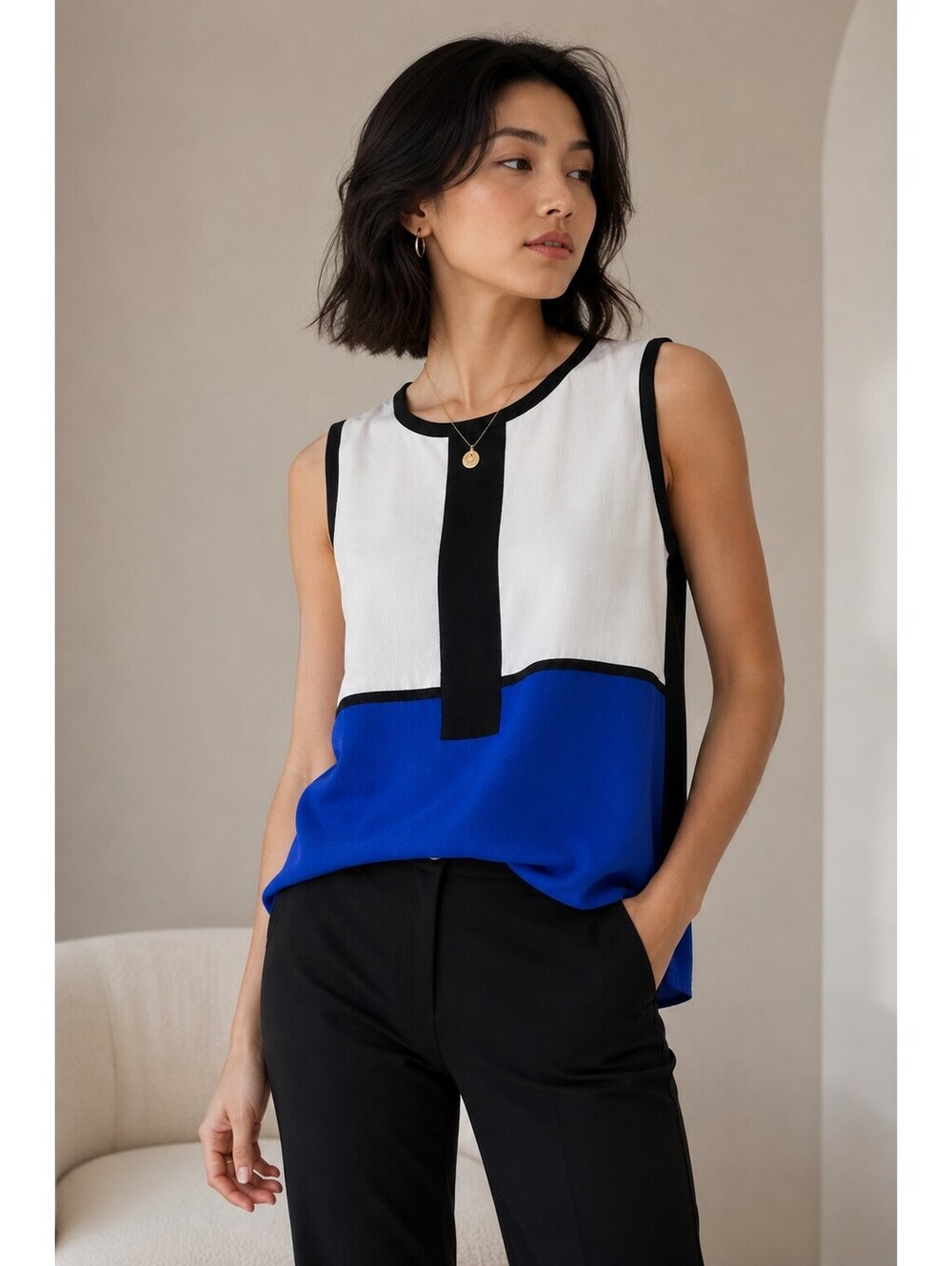 H2O Colorblock Sleeveless Blouse Top in White, Black, and Blue, Size S